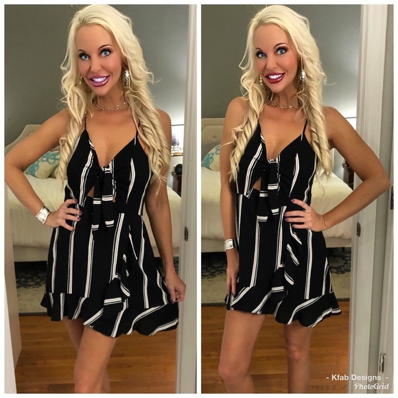 LAST 2! 🥰 Tie Front Striped Cut Out Ruffle Dress - Picture 3 of 4